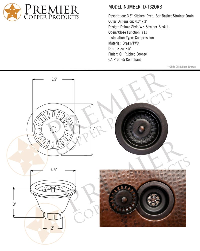 Premier Copper Products D-132ORB 3.5-Inch Universal Kitchen/Bar Basket Strainer Drain, Oil Rubbed Bronze - Image 5